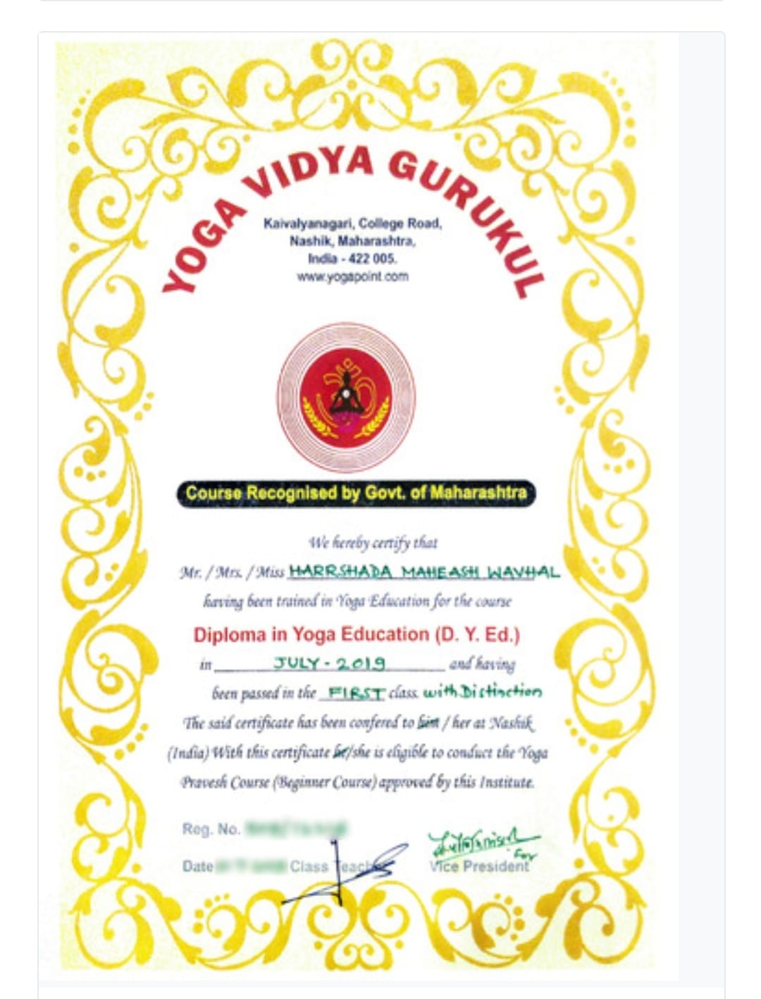 Traditional Yoga Certificate 1